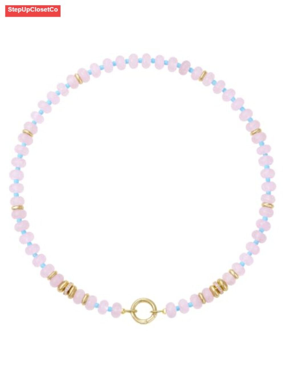 Natural Rose Quartz Beaded Choker Necklace, 14K Gold Plated Clasp, Handmade